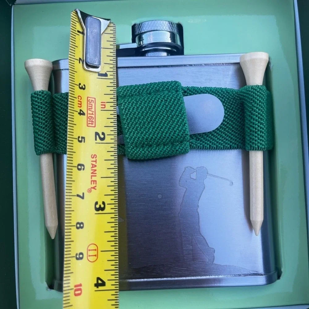 NEW Kikkerland Golf Stainless Steel Flask with Green Holder (Holds 6oz)